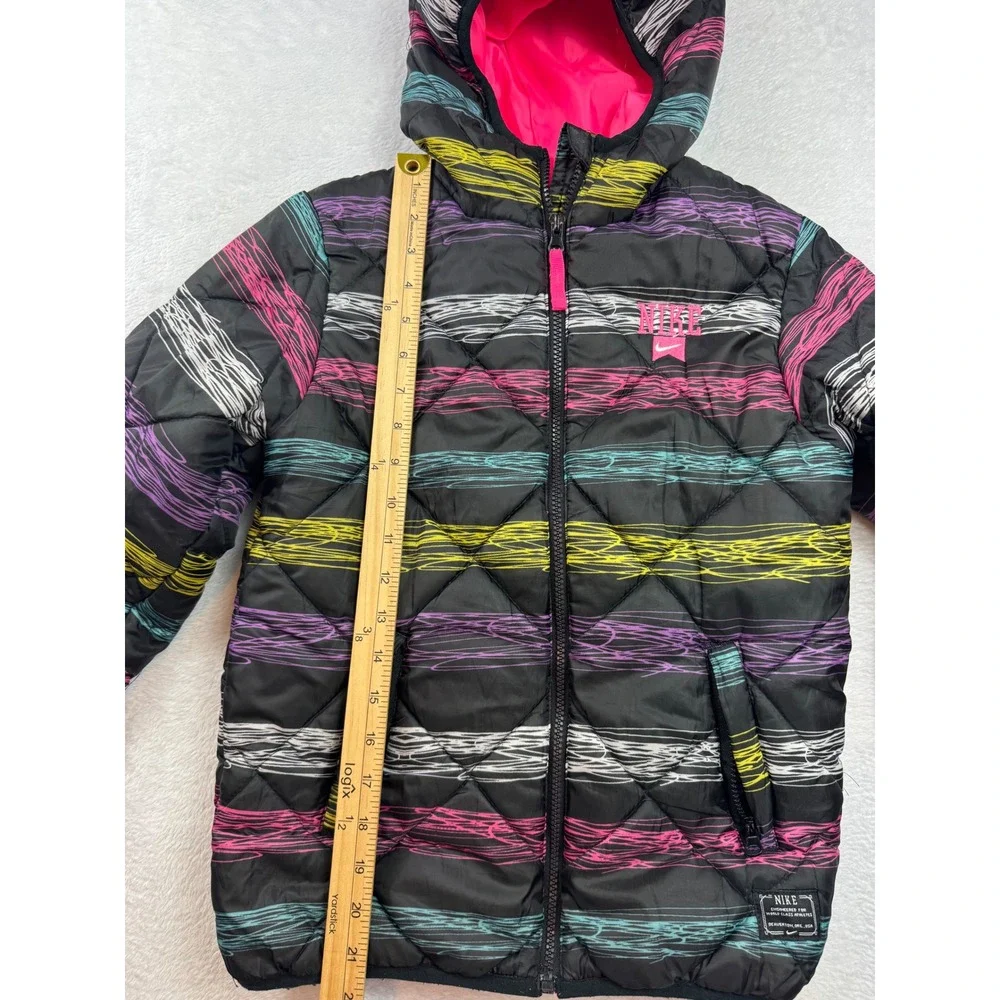 Nike Girls Puffer Jacket Scribble Stripe Quilted Hooded Coat Size M 10-12